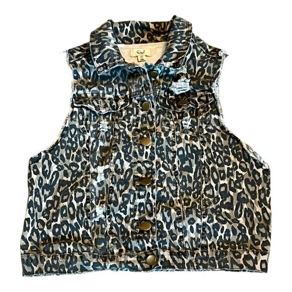 Easel Los Angeles Leopard Print Denim Vest size small - Picture 1 of 8